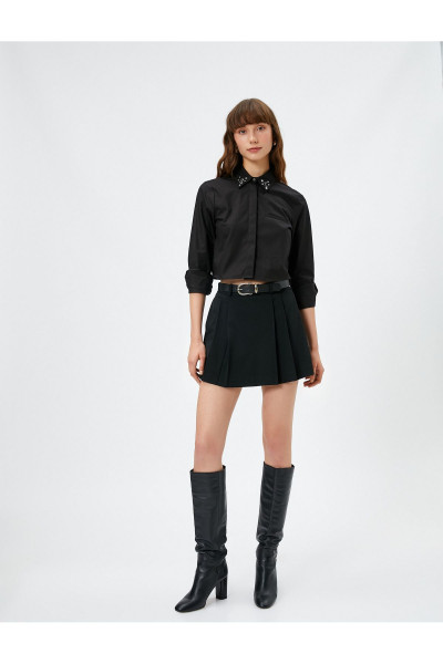 Taşlı Gömlek Crop Gizli Cepli Pamuklu Taşlı Gömlek Crop Gizli Cepli Pamuklu