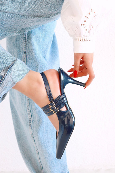 Touch Rugan Sivri Burun Üç Bantlı Arka Açık Stiletto Abiye Topuklu Kadın Ayakkabı
