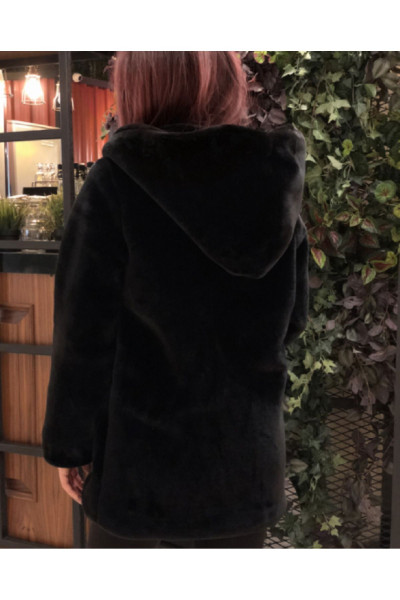 Kadın Siyah Peluş Kaban, Kapüşonlu Peluş Mont Kaban, Cepli Kadın Siyah Peluş Kaban, Kapüşonlu Peluş Mont Kaban, Cepli