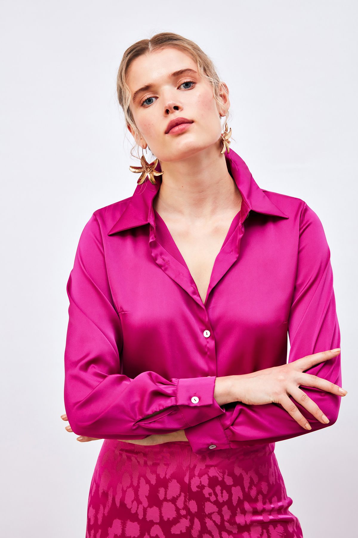 Oversize Saten Gömlek - Fuşya Oversize Saten Gömlek - Fuşya