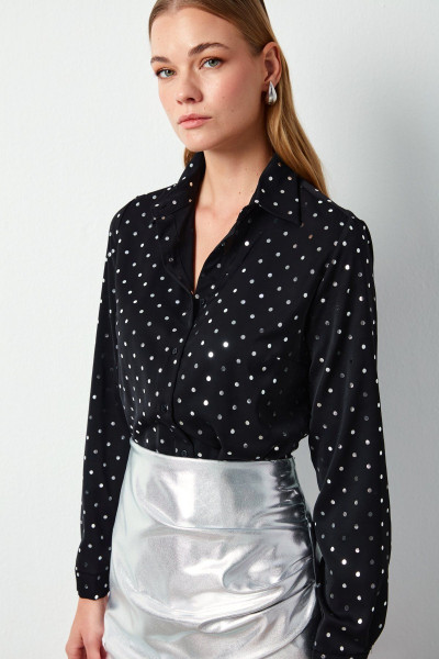 Puantiyeli Düz Gömlek - SİYAH