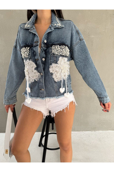 OREO Kadın Taş ve İnci İşlemeli Kalp Ponponlu Oversize Kot Ceket OREO Kadın Taş ve İnci İşlemeli Kalp Ponponlu Oversize Kot Ceket