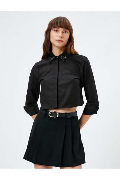 Taşlı Gömlek Crop Gizli Cepli Pamuklu Taşlı Gömlek Crop Gizli Cepli Pamuklu