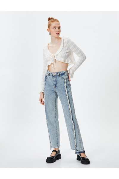 Püskül Detaylı Straight Jean Kot Pantolon Düz Asimetrik Paça - Eve Jean Püskül Detaylı Straight Jean Kot Pantolon Düz Asimetrik Paça - Eve Jean