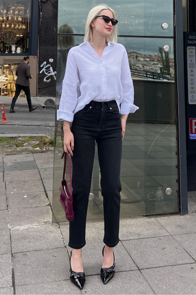 Siyah Slim Fit Kadın Mom Jean Mg1738 Siyah Slim Fit Kadın Mom Jean Mg1738