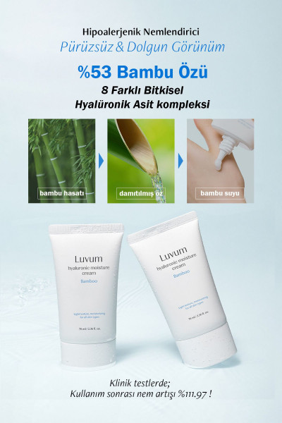 Bambu Özü ve Bitkisel Hyalüronik Asit İçeren Hipoalerjenik Yoğun Nemlendirici Luvum Bamboo Cream Bambu Özü ve Bitkisel Hyalüronik Asit İçeren Hipoalerjenik Yoğun Nemlendirici Luvum Bamboo Cream