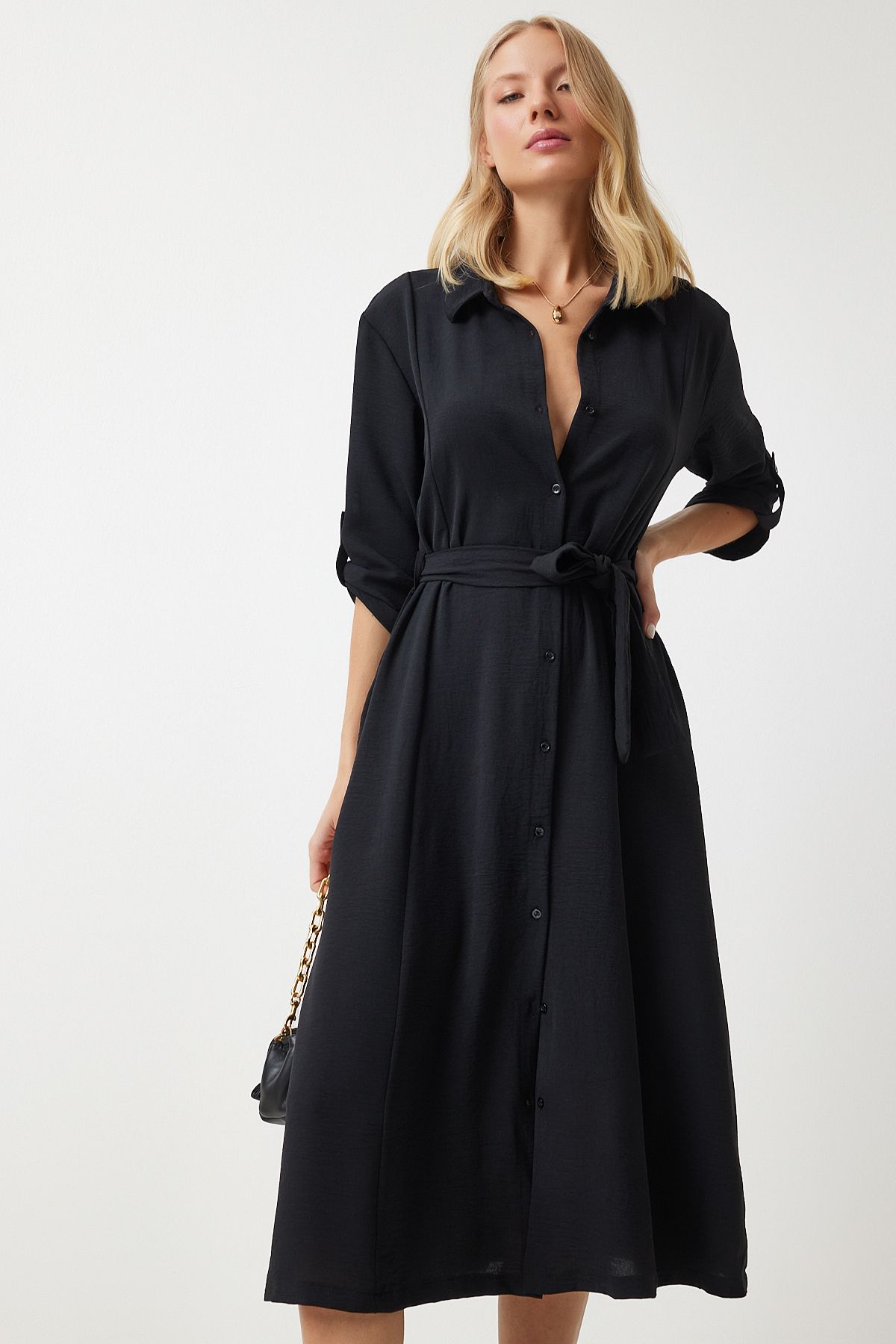 Kadın Siyah Kuşaklı Gömlek Elbise DD01256 Kadın Siyah Kuşaklı Gömlek Elbise DD01256