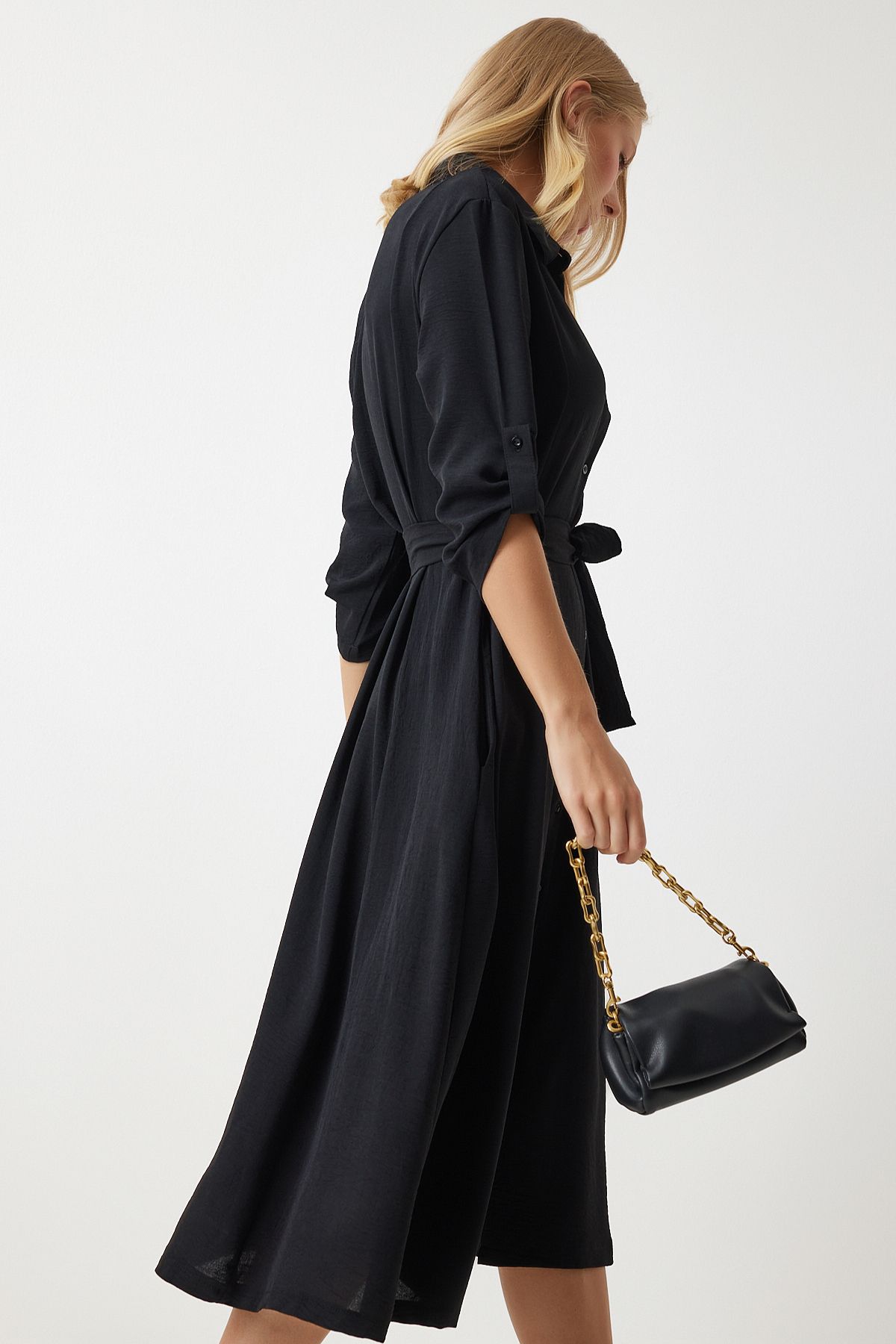 Kadın Siyah Kuşaklı Gömlek Elbise DD01256 Kadın Siyah Kuşaklı Gömlek Elbise DD01256