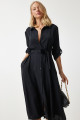 Kadın Siyah Kuşaklı Gömlek Elbise DD01256 Kadın Siyah Kuşaklı Gömlek Elbise DD01256