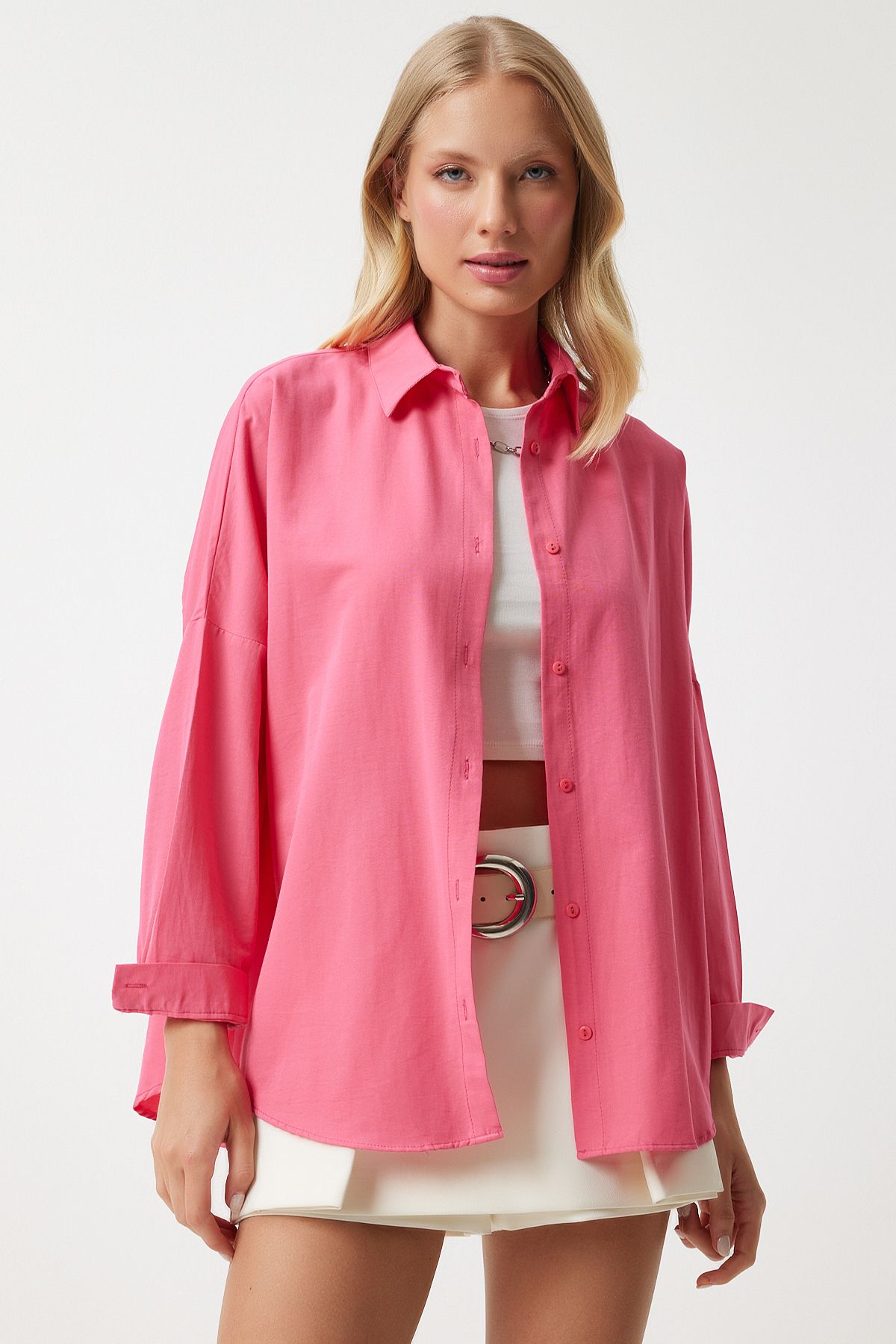 Kadın Pembe Oversize Uzun Basic Gömlek MX00167