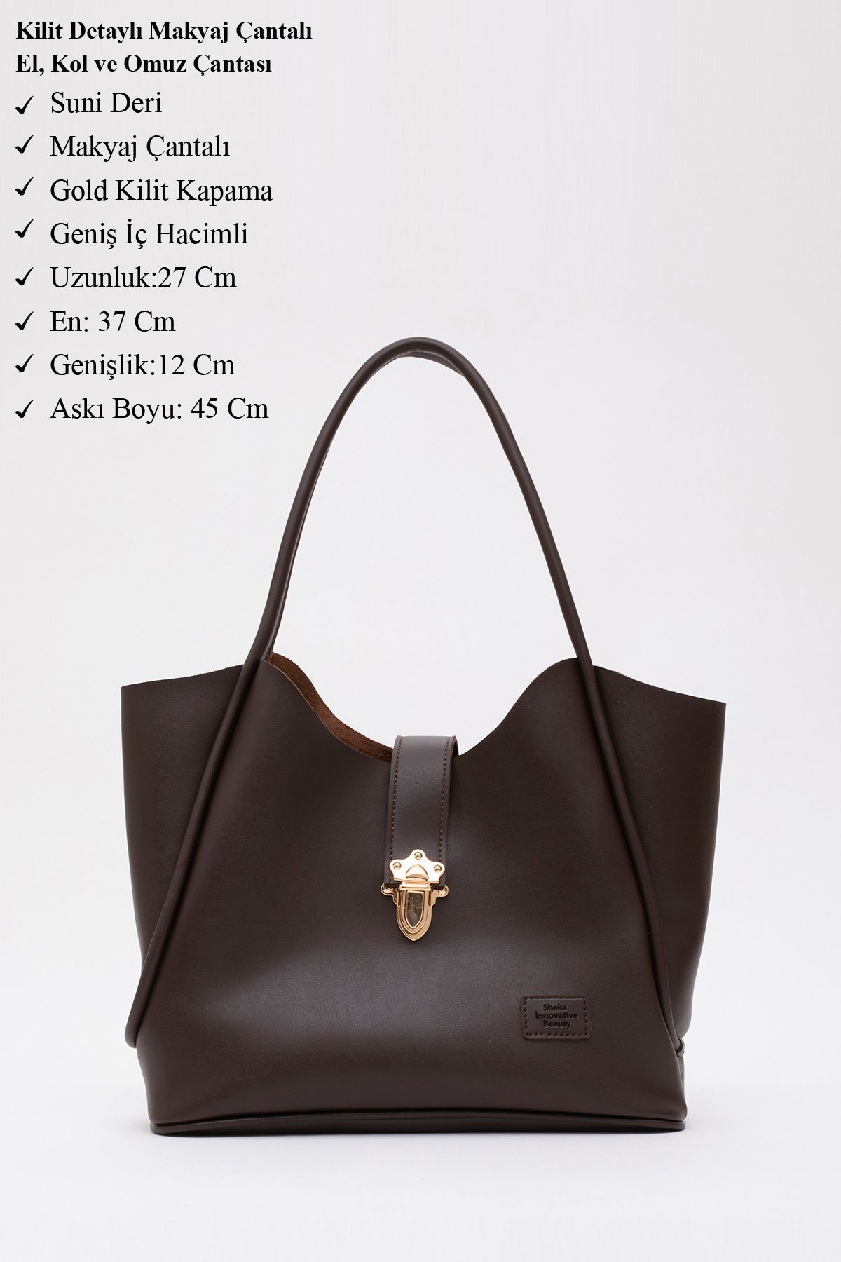 Kahve Rengi Shk126 Suni Deri Kilit Detaylı Makyaj Çantalı El,Kol ve Omuz Çantası U:27 E:37 G:12 cm Kahve Rengi Shk126 Suni Deri Kilit Detaylı Makyaj Çantalı El,Kol ve Omuz Çantası U:27 E:37 G:12 cm