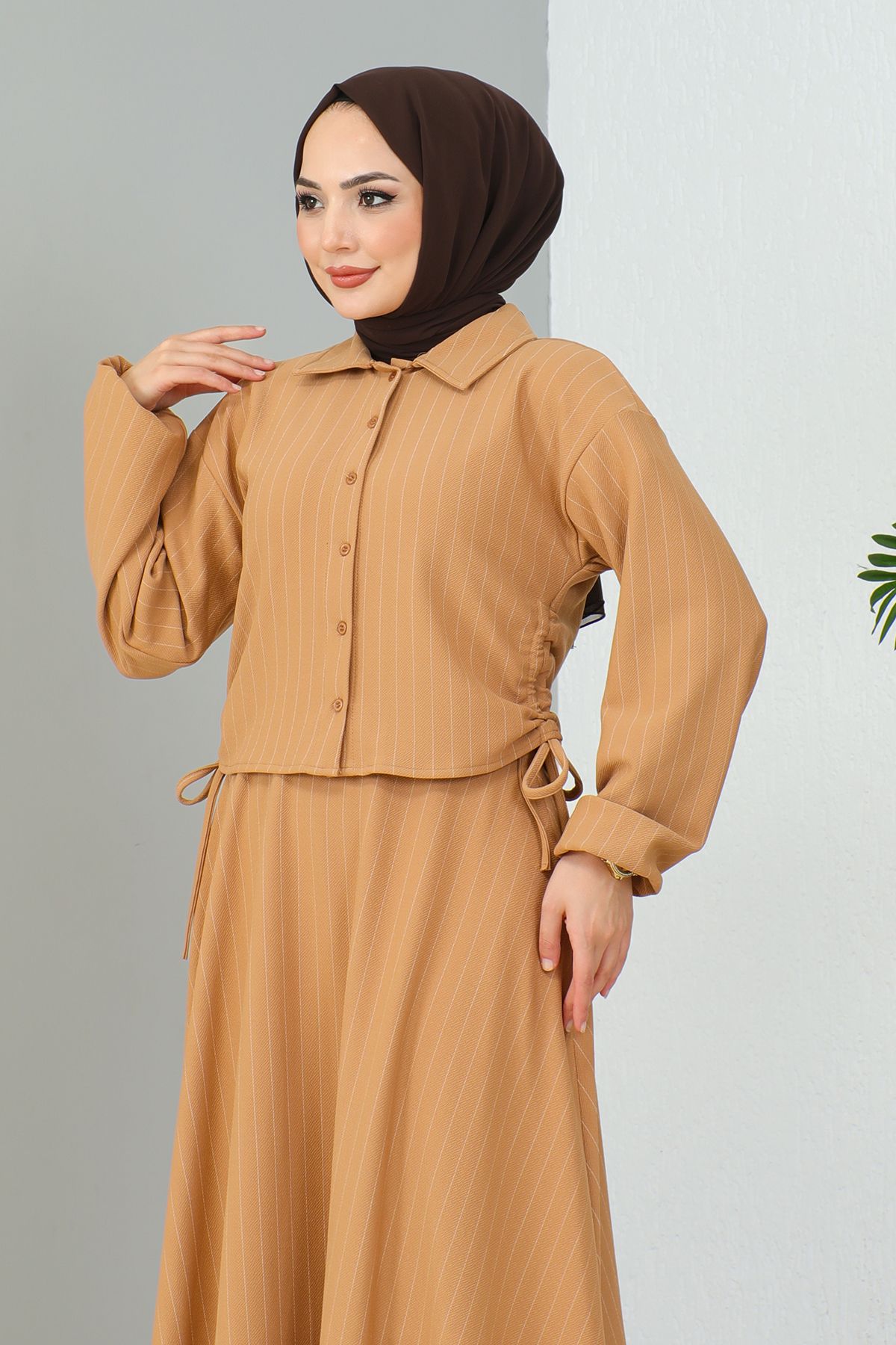 Yan Büzgülü Gömlek Etek Takım - Camel Yan Büzgülü Gömlek Etek Takım - Camel