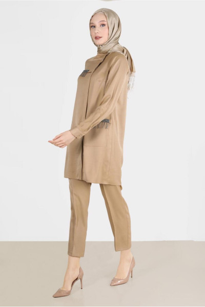 Taş Detaylı Gizli Düğmeli Ikili Pant. Takım 42515