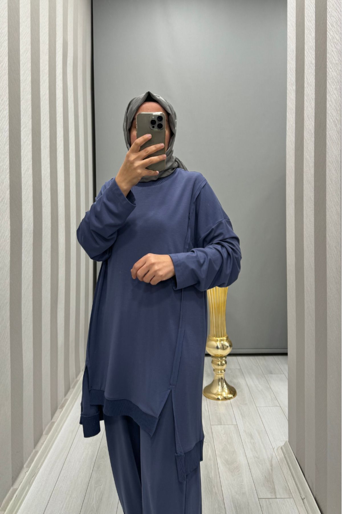 Ribana Detaylı Tunik Pantolon Takım İndigo 4YGSTKM4554 Ribana Detaylı Tunik Pantolon Takım İndigo 4YGSTKM4554