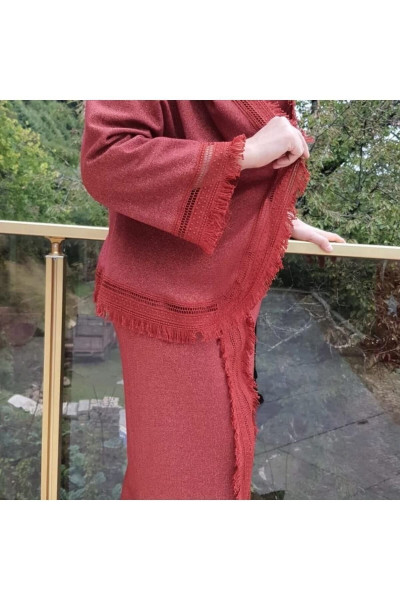 Kiremit Rengi Kendinden Simli Üçlü Tesettür Takım Kiremit Rengi Kendinden Simli Üçlü Tesettür Takım