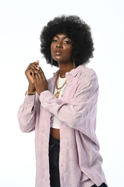 KADIN YAPRAK DESENLİ OVERSİZE KESİM LİLA RENK GÖMLEK