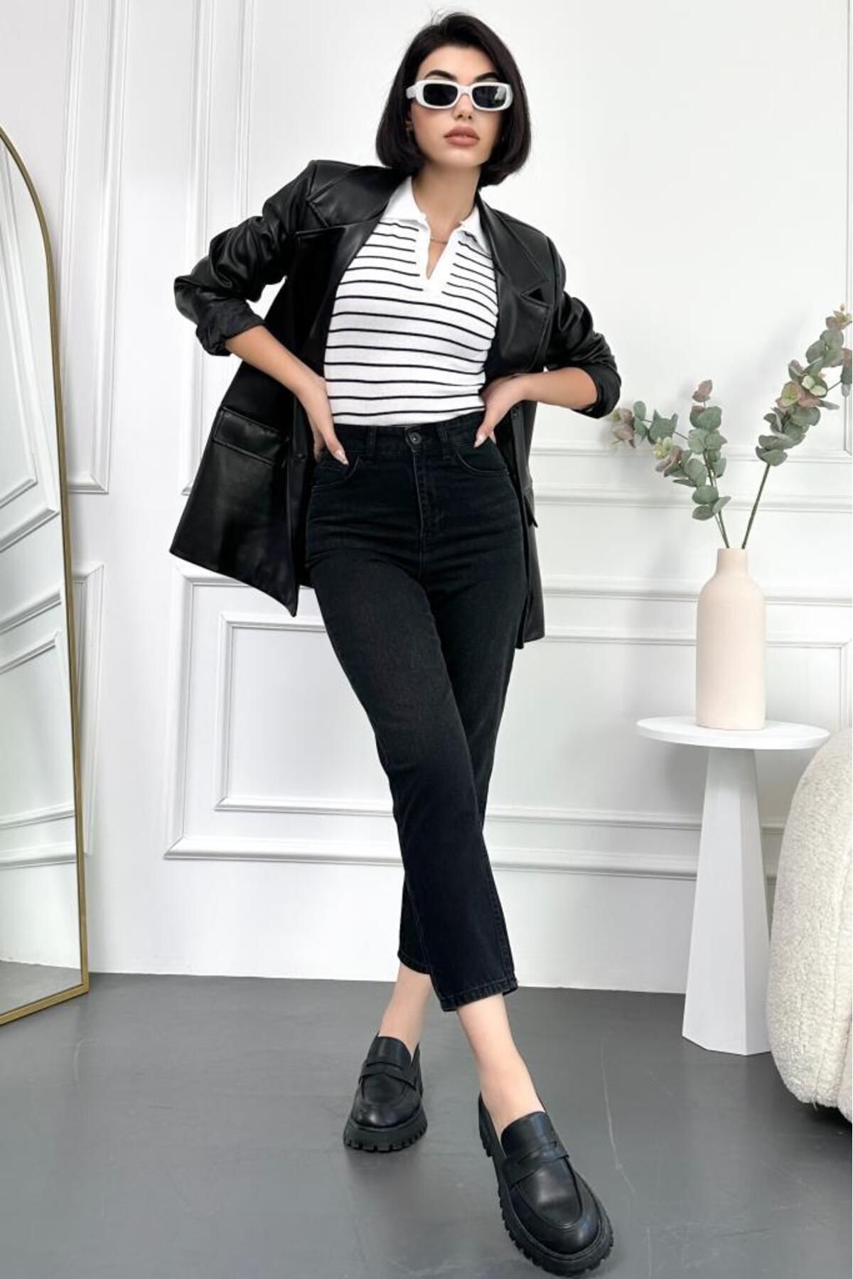 Taşlamalı Siyah Kadın Boyfriend Jean Yüksek Bel Likrasız %100 Pamuk Kot Pantolon Mabel-ant Taşlamalı Siyah Kadın Boyfriend Jean Yüksek Bel Likrasız %100 Pamuk Kot Pantolon Mabel-ant