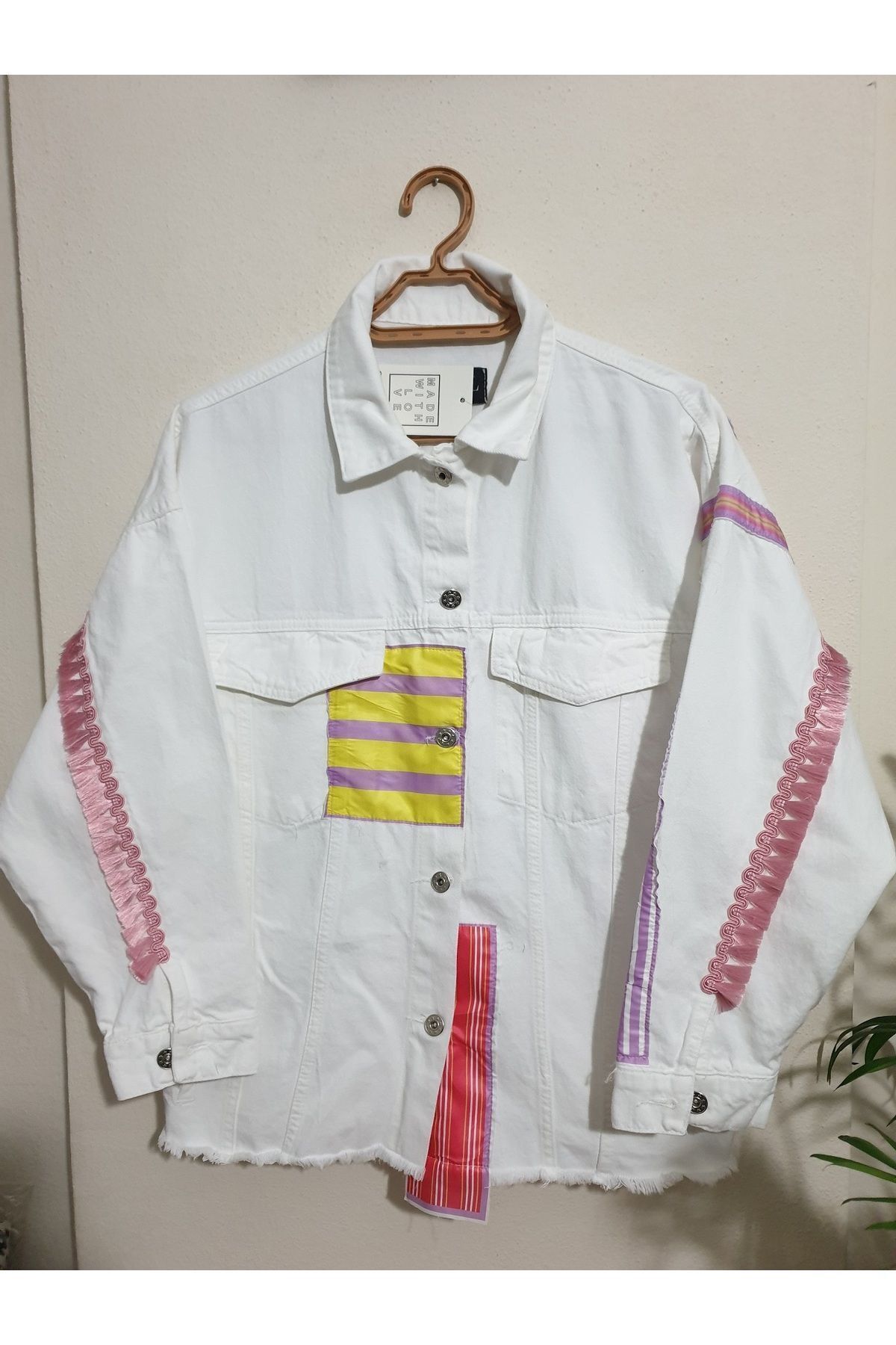 Kadın Renk Bloklu Püsküllü Rahat Kesim Oversize Beyaz Jean Ceket Gömlek