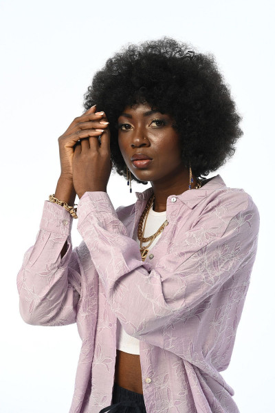 KADIN YAPRAK DESENLİ OVERSİZE KESİM LİLA RENK GÖMLEK