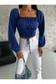 Kadın Saks Balon Kol Bağlamalı Korse Görünümlü Madonna Yaka Dalgıç Kumaş Crop Bluz Kadın Saks Balon Kol Bağlamalı Korse Görünümlü Madonna Yaka Dalgıç Kumaş Crop Bluz
