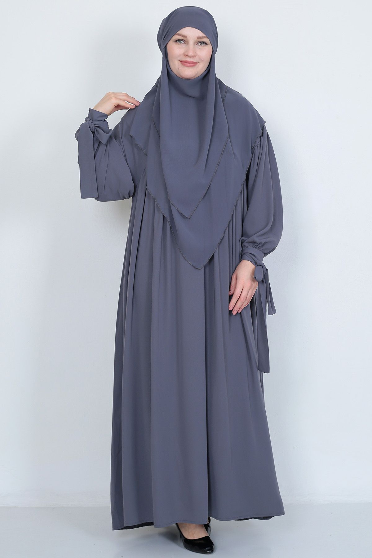 Kol Bağcıklı Robalı Elbise ve 3 Katlı Sufle Hijab Tesettür Takım