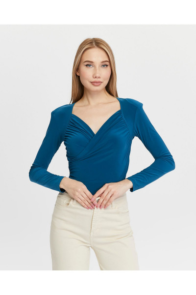 mavi v yaka büzgü detaylı alttan çıtçıtlı bluz for777