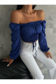 Kadın Saks Balon Kol Bağlamalı Korse Görünümlü Madonna Yaka Dalgıç Kumaş Crop Bluz Kadın Saks Balon Kol Bağlamalı Korse Görünümlü Madonna Yaka Dalgıç Kumaş Crop Bluz