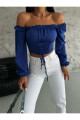 Kadın Saks Balon Kol Bağlamalı Korse Görünümlü Madonna Yaka Dalgıç Kumaş Crop Bluz Kadın Saks Balon Kol Bağlamalı Korse Görünümlü Madonna Yaka Dalgıç Kumaş Crop Bluz