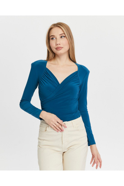 mavi v yaka büzgü detaylı alttan çıtçıtlı bluz for777