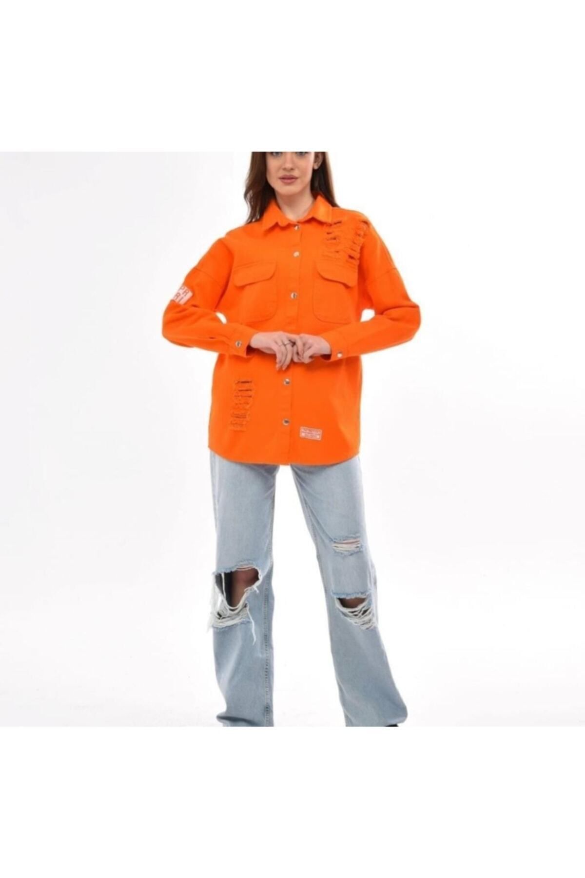 Kadın Turuncu Boyfriend Oversize Eskitmeli Denim Jeans Kot Ceket A36-011 Kadın Turuncu Boyfriend Oversize Eskitmeli Denim Jeans Kot Ceket A36-011