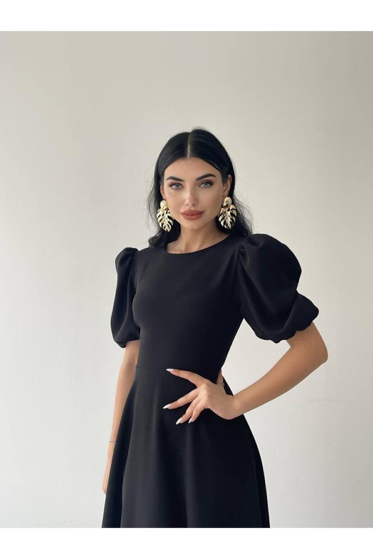 Siyah Karpuz Kollu Midi Boy Elbise