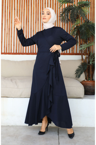 Yandan Bağlamalı Volanlı Elbise 1907-01 Lacivert