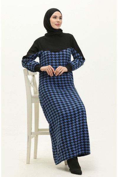 Kazayağı Desenli Elbise 0183-03 Siyah Saks