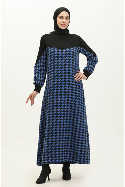 Kazayağı Desenli Elbise 0183-03 Siyah Saks