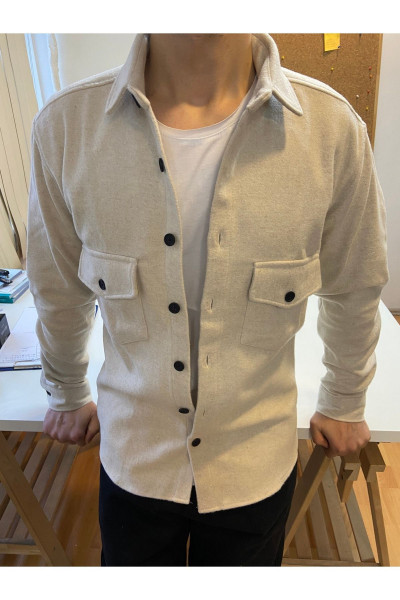 Kırık Beyaz Erkek Slim Fit Düğmeli Yaka Çift Cepli Düz Oduncu Gömlek Kırık Beyaz Erkek Slim Fit Düğmeli Yaka Çift Cepli Düz Oduncu Gömlek