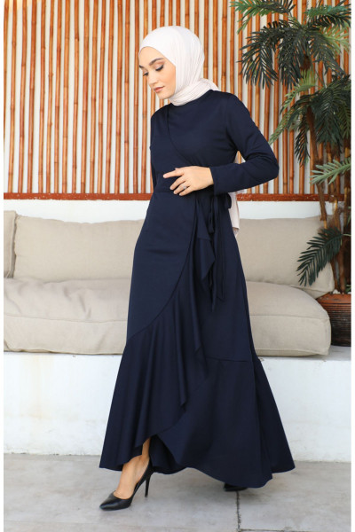 Yandan Bağlamalı Volanlı Elbise 1907-01 Lacivert