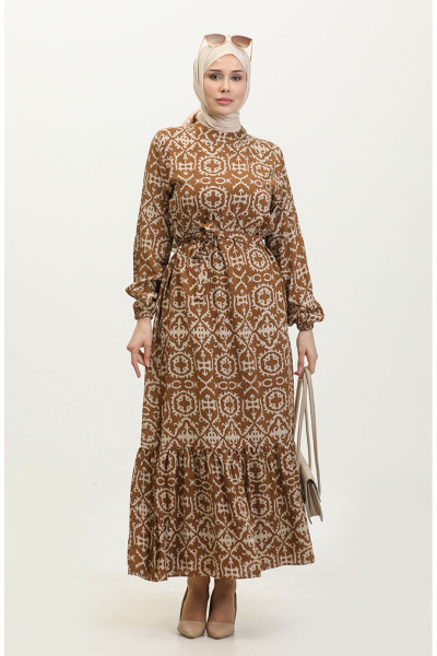 Viskon Desenli Elbise 0362-01 Taba Viskon Desenli Elbise 0362-01 Taba