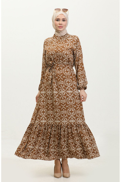 Viskon Desenli Elbise 0362-01 Taba
