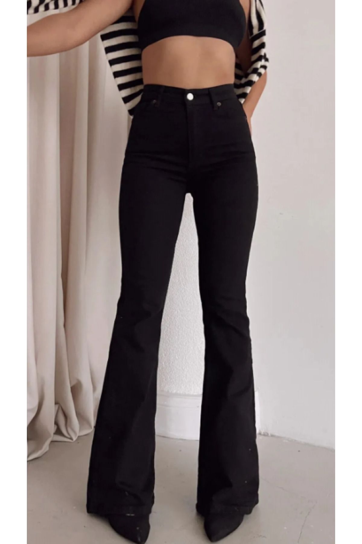 Moda Deniz Yüksek Bel Ispanyol Paça Siyah Flare Jeans Kot Pantolon Moda Deniz Yüksek Bel Ispanyol Paça Siyah Flare Jeans Kot Pantolon