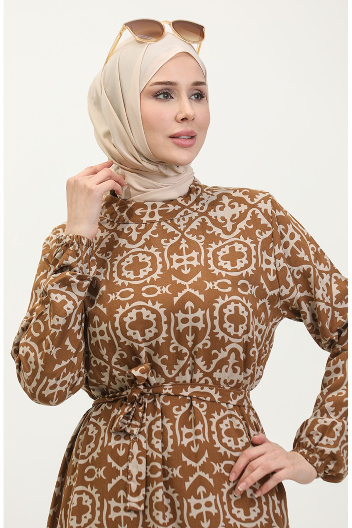 Viskon Desenli Elbise 0362-01 Taba Viskon Desenli Elbise 0362-01 Taba