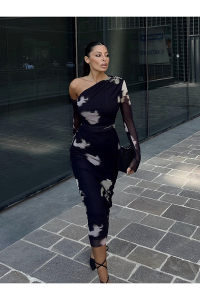 Yeni Sezon Tek Omuz Desenli Tül Elbise