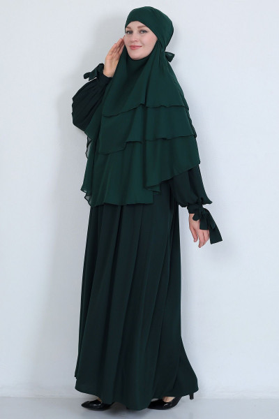 Kol Bağcıklı Robalı Elbise ve 3 Katlı Sufle Hijab Tesettür Takım