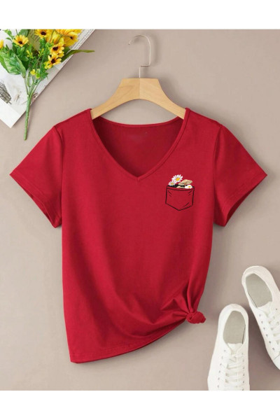 V Yaka Basic Çiçek Baskılı Pamuklu Tshirt (NORMAL KALIP) V Yaka Basic Çiçek Baskılı Pamuklu Tshirt (NORMAL KALIP)