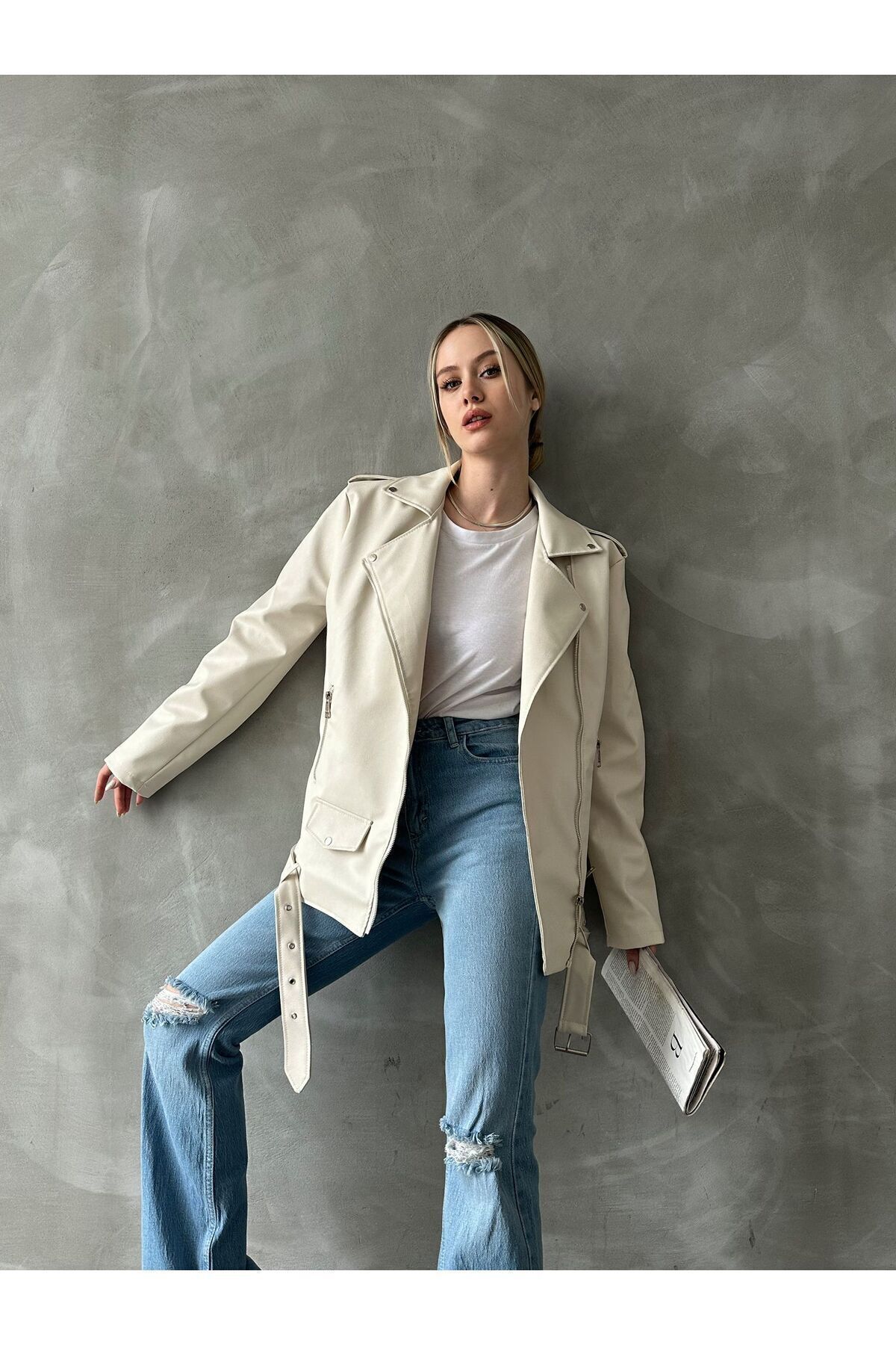 Oversize Kadın Uzun Biker Deri Ceket Oversize Kadın Uzun Biker Deri Ceket