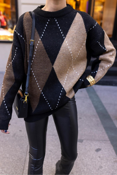 Kahve Baklava Desen Oversize Triko Kahve Baklava Desen Oversize Triko