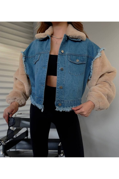 Kol ve Yaka Peluşlu Püskül Detay Denim Kot Ceket Kol ve Yaka Peluşlu Püskül Detay Denim Kot Ceket