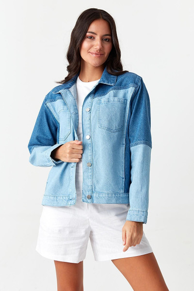Renk Bloklu Mavi Cep Detaylı Denim Ceket