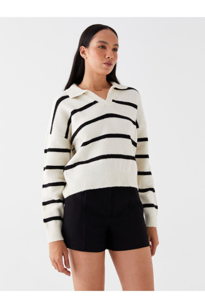Polo Yaka Çizgili Uzun Kollu Oversize Kadın Triko Kazak Polo Yaka Çizgili Uzun Kollu Oversize Kadın Triko Kazak