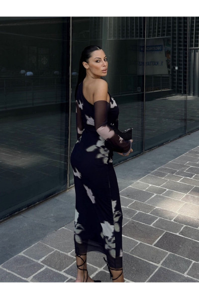 Yeni Sezon Tek Omuz Desenli Tül Elbise