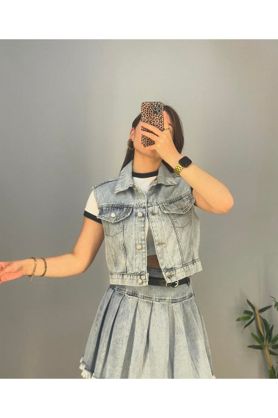 Mavi Crop Yelek Denim Ceket